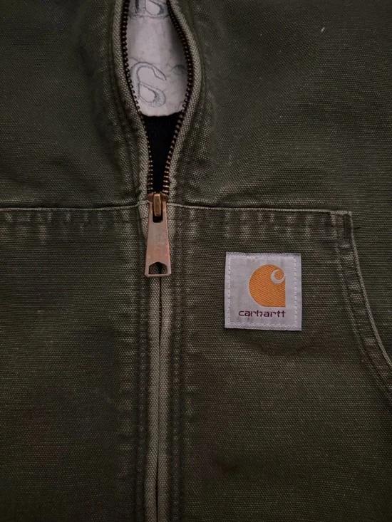 Vintage Carhartt JR104 Sz L Hooded Olive Green Canvas Jacket Thermal Lined Mens - Picture 6 of 7